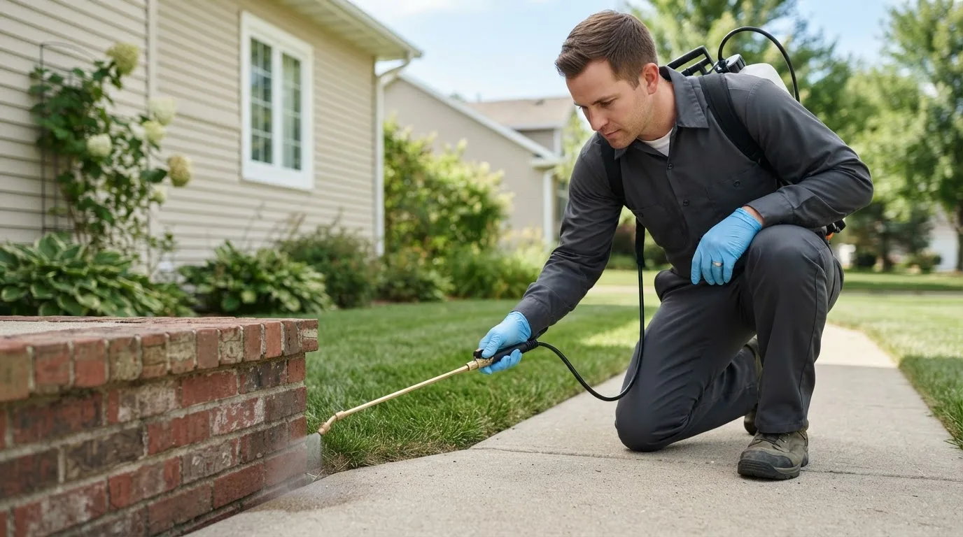 Pest control technician treating a home near Kinsey, MT